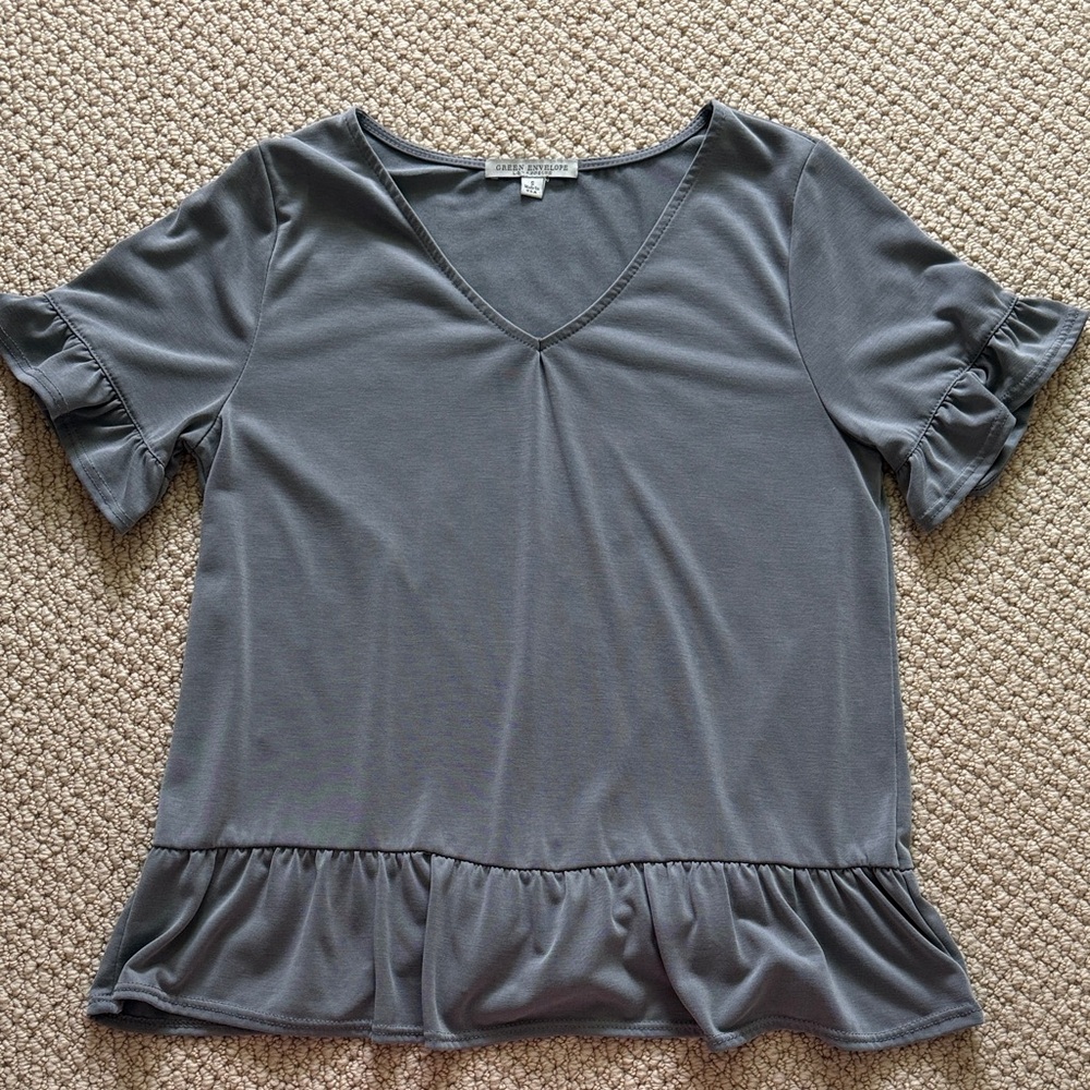 Slate Gray V-Neck Ruffle Hem Top - S